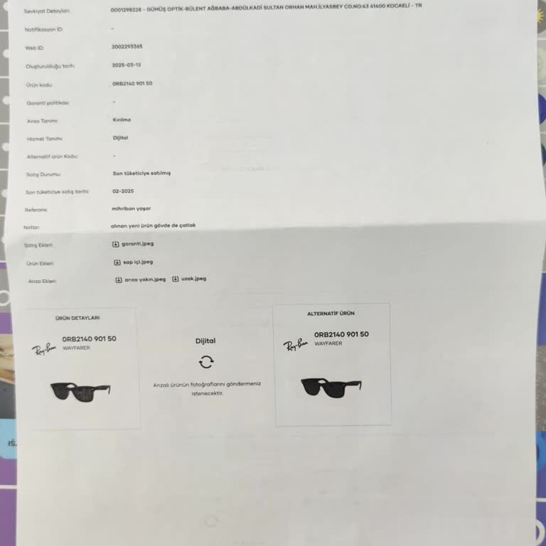 Rayban Gözlükte İlk Kullanımda Çatlak Ve Değişim Sorunu