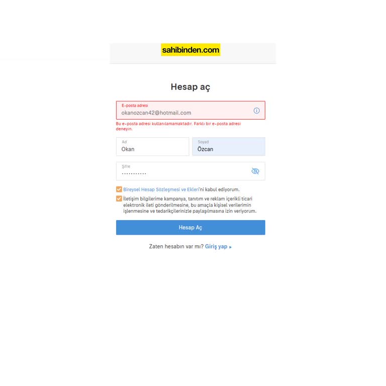 Sahibinden Uygulamasında E-posta İle Hesap Oluşturma Sorunu