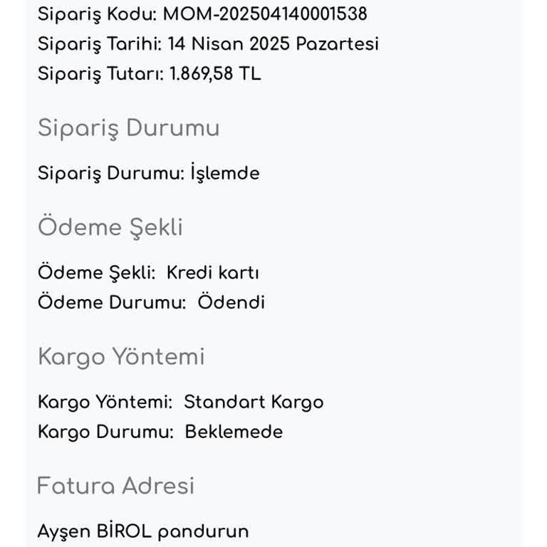 Sipariş Durumu İşlemde Kaldı, İletişim Kurulamıyor