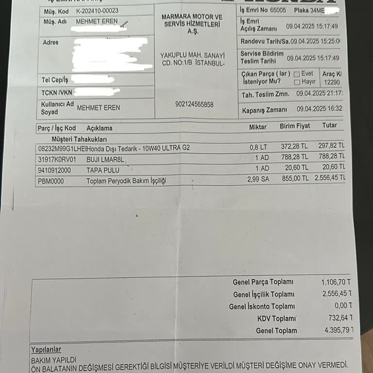Hızlı Bakım, Şişirilmiş Fatura: Honda Marmara Deneyimi