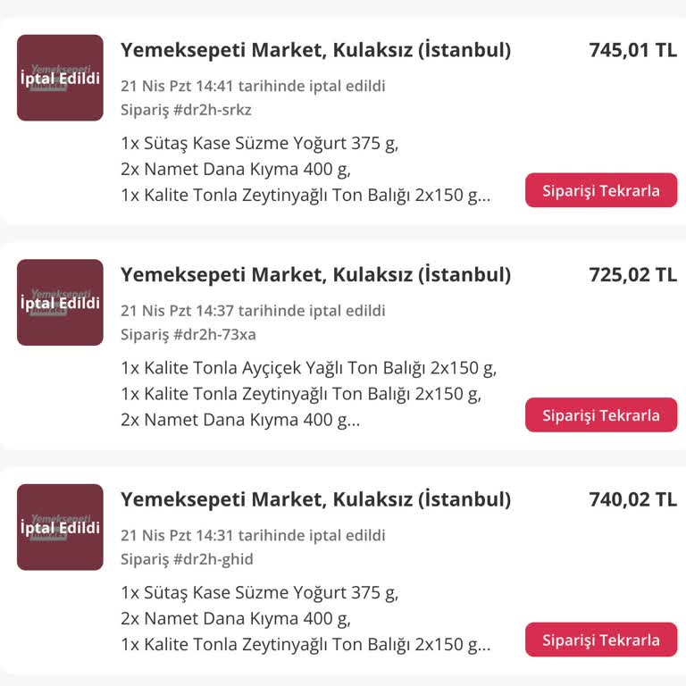 Yemeksepeti'nde İptal Edilen Siparişler