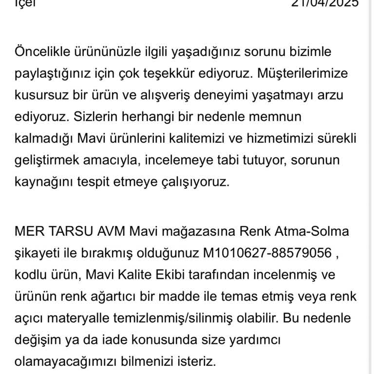 Aldığım Üründe Renk Atması Ve İplik Çıkması Sorunu
