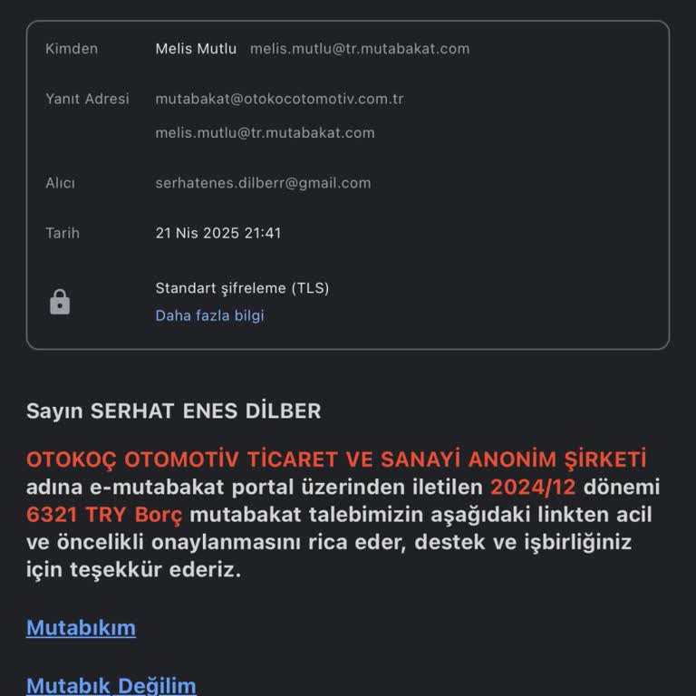 Otokoç Otomotivden Açıklamasız Cari Mutabakat E-postaları Alıyorum