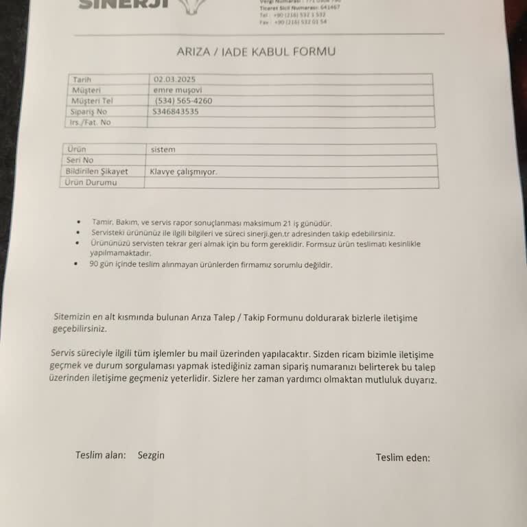 Arızalı Klavyem İçin Sinerji Bilgisayar'dan Cevap Alamıyorum