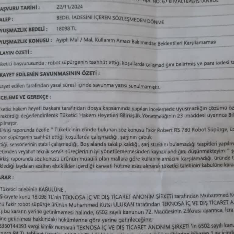 Arızalı Robot Süpürge İçin Çözüm Bulunamıyor, İade Kararı Uygulanmıyor