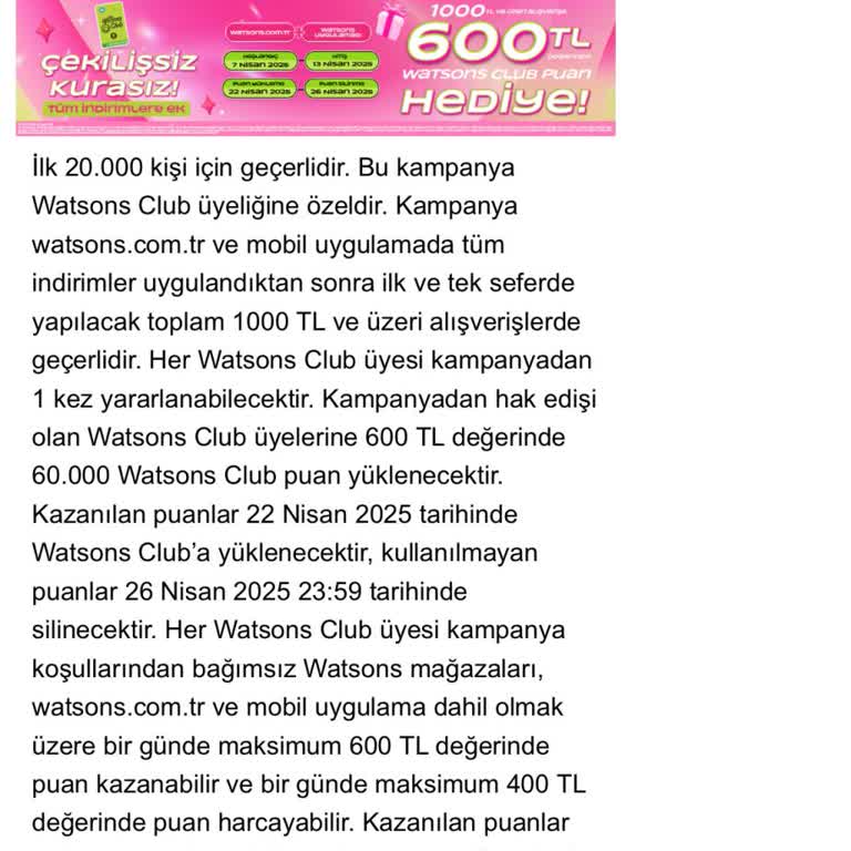 Watsons Etkinlik Puanlarım Zamanında Yüklenmedi