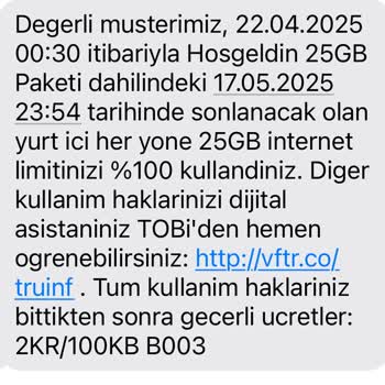 Vodafone'da 25 GB İnternet Paketinin Hızlı Tüketilmesi Ve Ek Paket Zorunluluğu