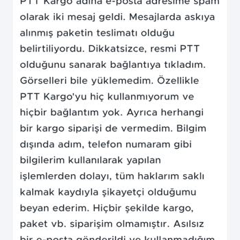 PTT Kargo Adına Gelen Sahte E-Postalar Ve Kişisel Bilgilerimin İzinsiz Kullanımı