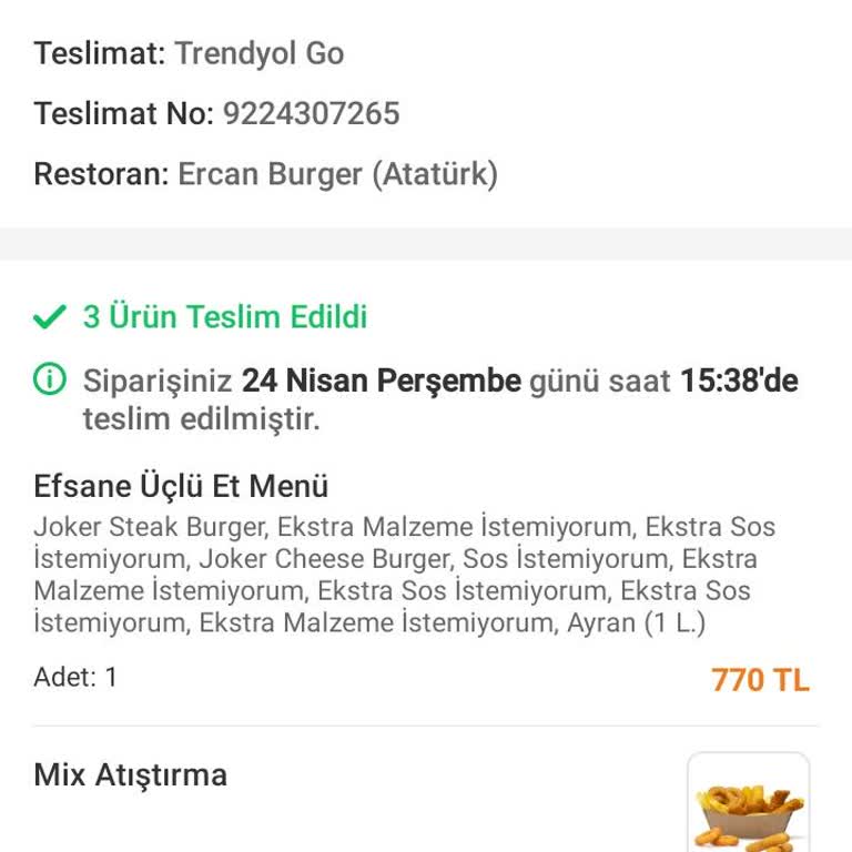 Ercan Burger Siparişim Yanık Ve Eksik Geldi, Hayal Kırıklığı Yaşadım
