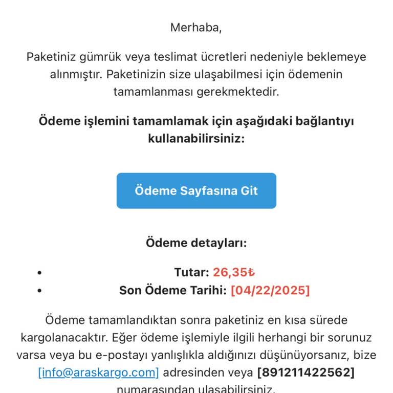 Aras Kargo Adına Gelen Şüpheli Mail Ve Yanıtsız Destek