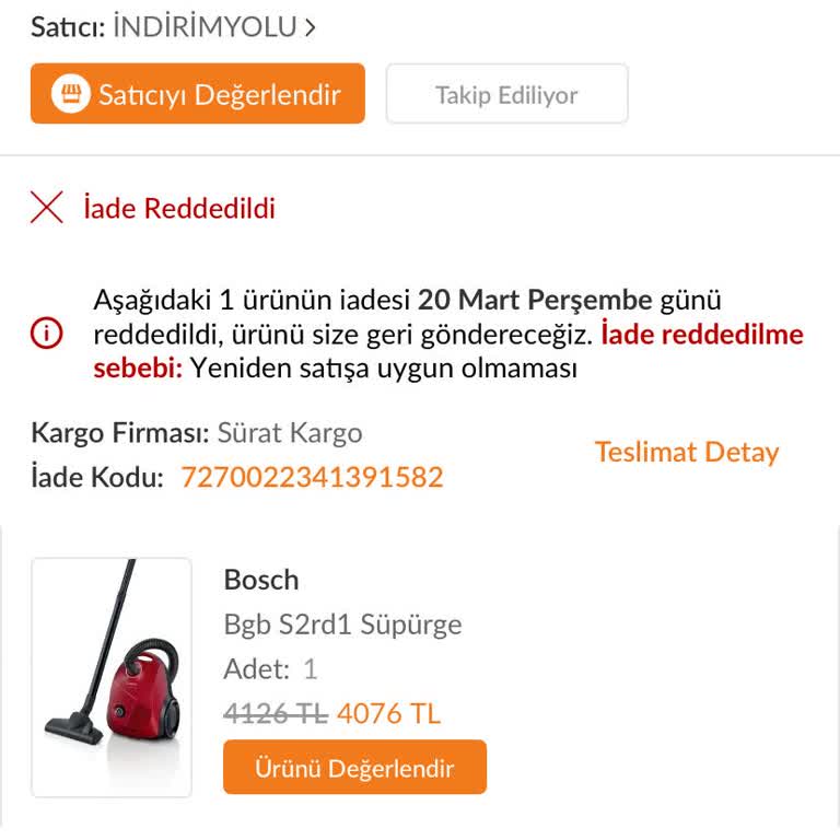 Bosch Süpürge İadesi Reddedildi, Müşteri Temsilcisi Sorunu Çözmedi