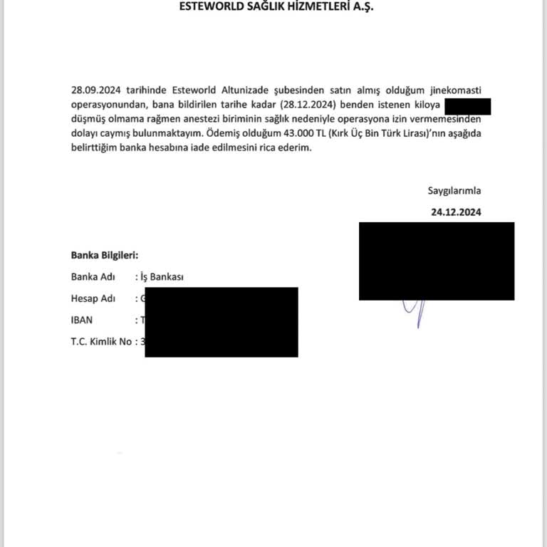 Ücret İadesi Yapılmayan Operasyon Mağduriyeti