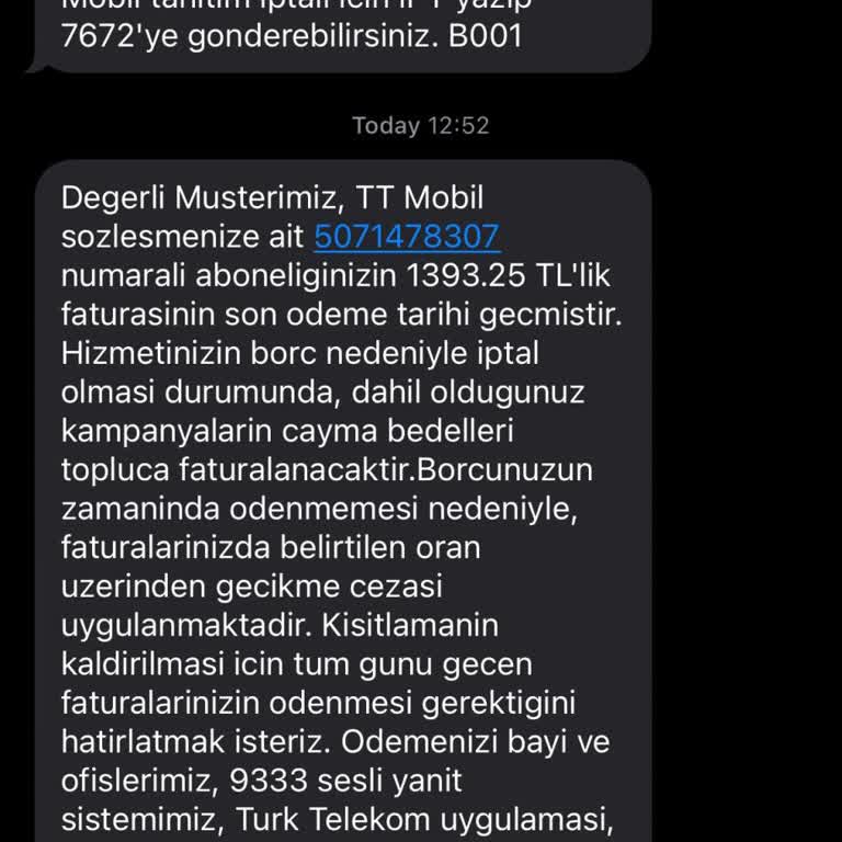 Türk Telekom'dan Sürekli Yanlış Borç Mesajları Alıyorum