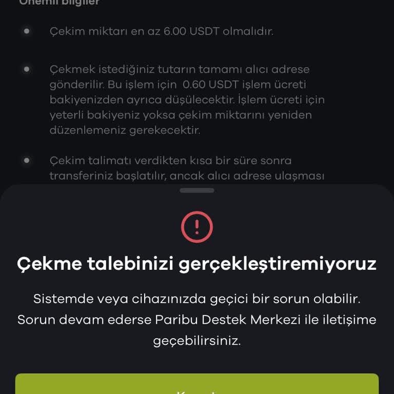 Paribu'da Yatırım Yapabiliyorum Fakat Çekim İşlemi Gerçekleşmiyor, Destek Yetersiz