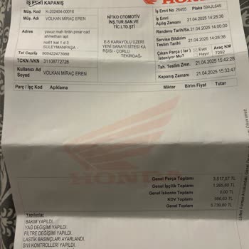 Honda Nitko Bakımı Sonrası Motorum Ölümcül Arıza Yaptı Güvenim Tamamen Bitti