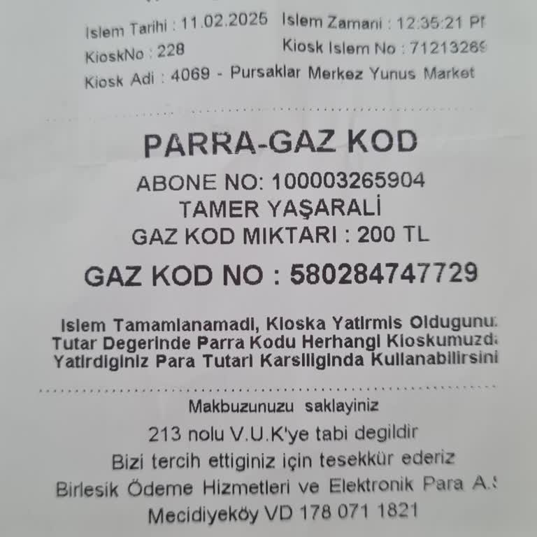 Gazmatik Kioskunda Kalan Doğalgaz Ödemesi İçin Para İadesi Talebi