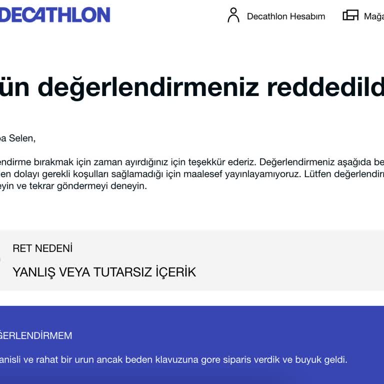 Decathlon Olumsuz Ürün Yorumları Yayınlanmıyor