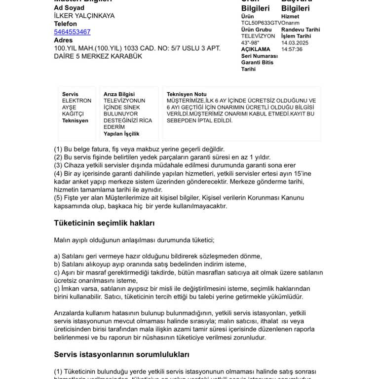 TCL Televizyonumun Ekranına Sinek Kaçtı, Servis Hem Gecikti Hem De Ücret Talep Etti