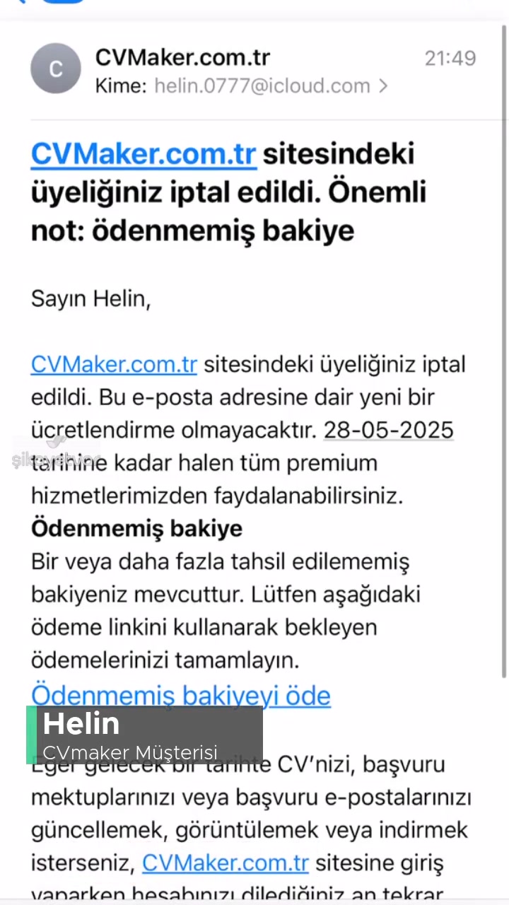 CV Maker Bilgim Olmadan Beni Üye Yapıp Para Tahsil Etmeye Çalışıyor videonun kapak resmi