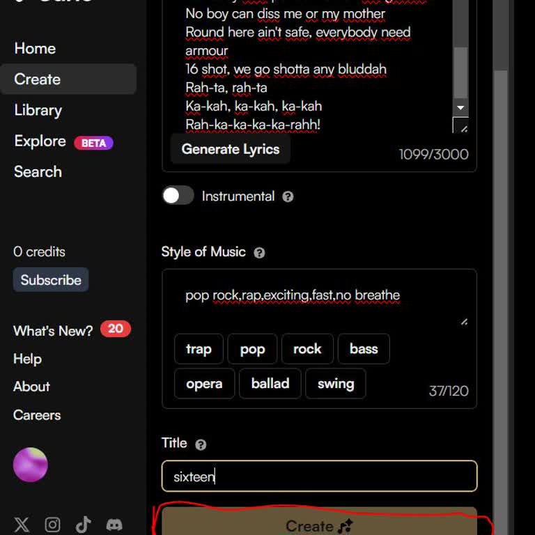 Suno Won’t Let Me Press Create Button After Writing and Setting Up My Song