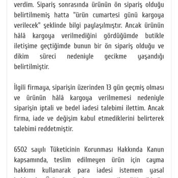 Satın Aldığım Elbisenin Kargoya Verilmemesi Ve Ücret İadesi Reddi