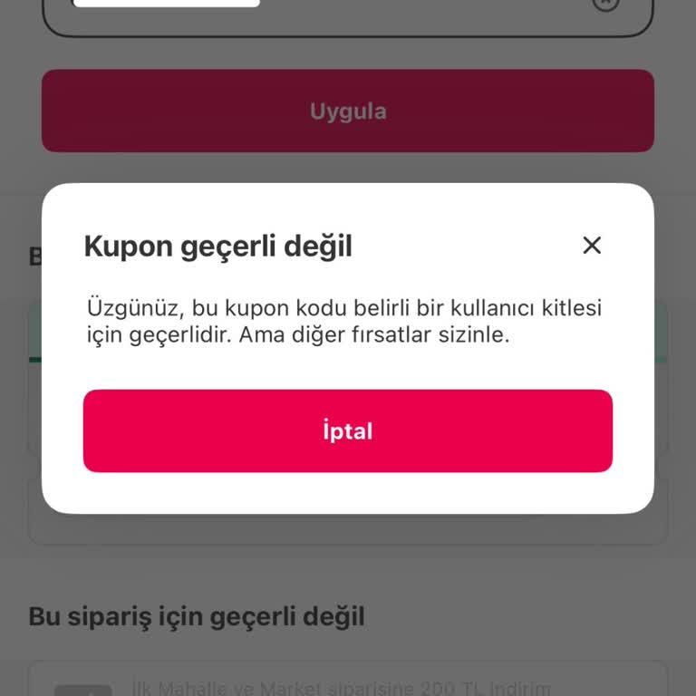 Verilen Yemeksepeti İndirim Kuponu Kullanılamıyor