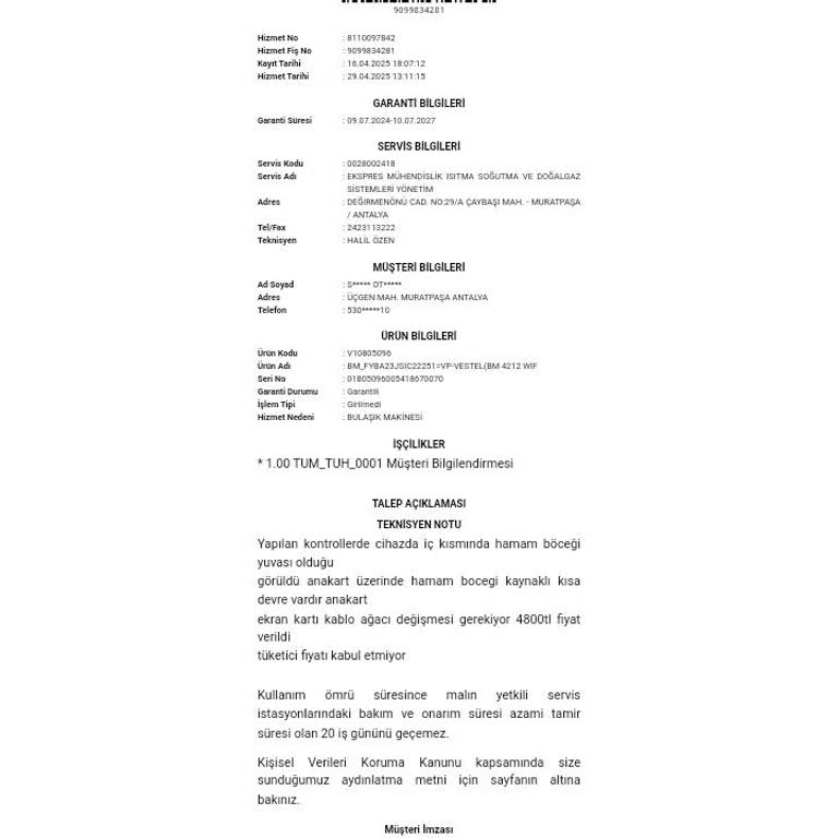 Bulaşık Makinesi Anakartı Yanmasına Garanti Kapsamı Dışı Gerekçesi