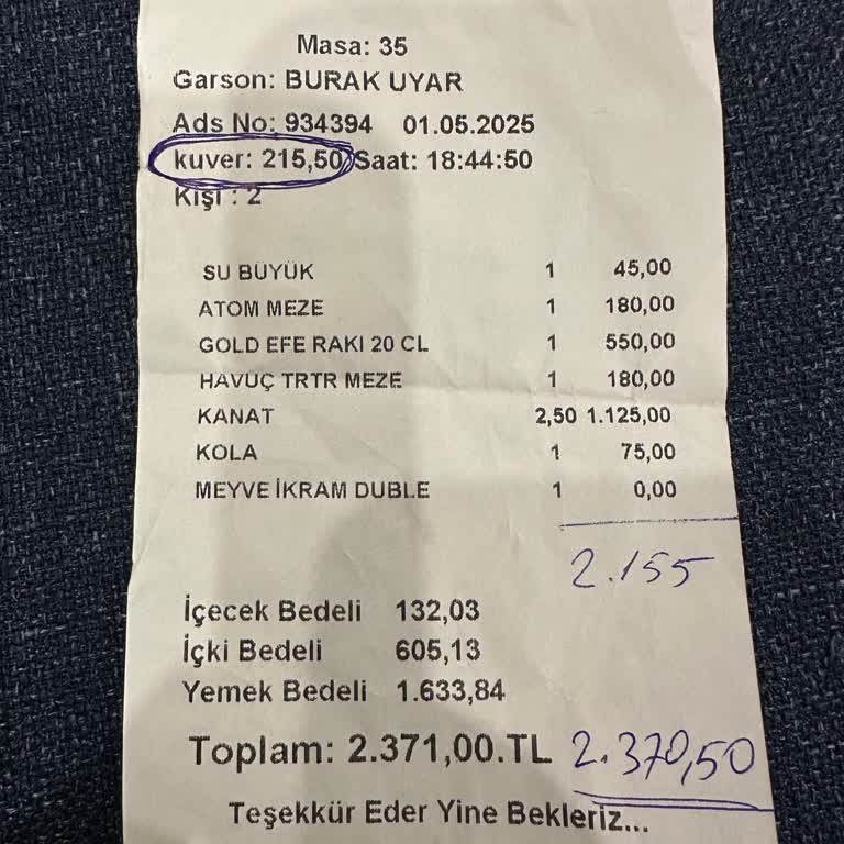 Adisyonda Gizli Kuver Ve Hatalı Hesaplama İle Fazla Tahsilat Şikayeti