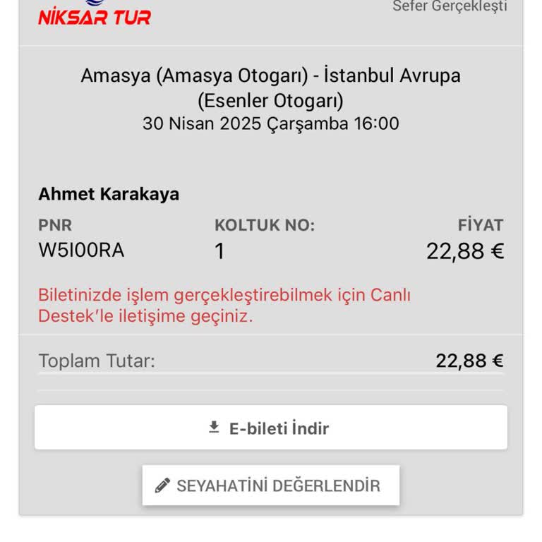 Niksar Tur Seferi İptal Edildi Müşteri Hizmetlerine Ulaşmak İmkansız