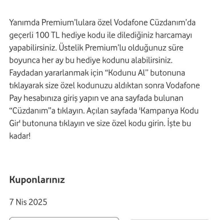Vodafone Cüzdan Kuponum Hesabıma Yüklenmedi