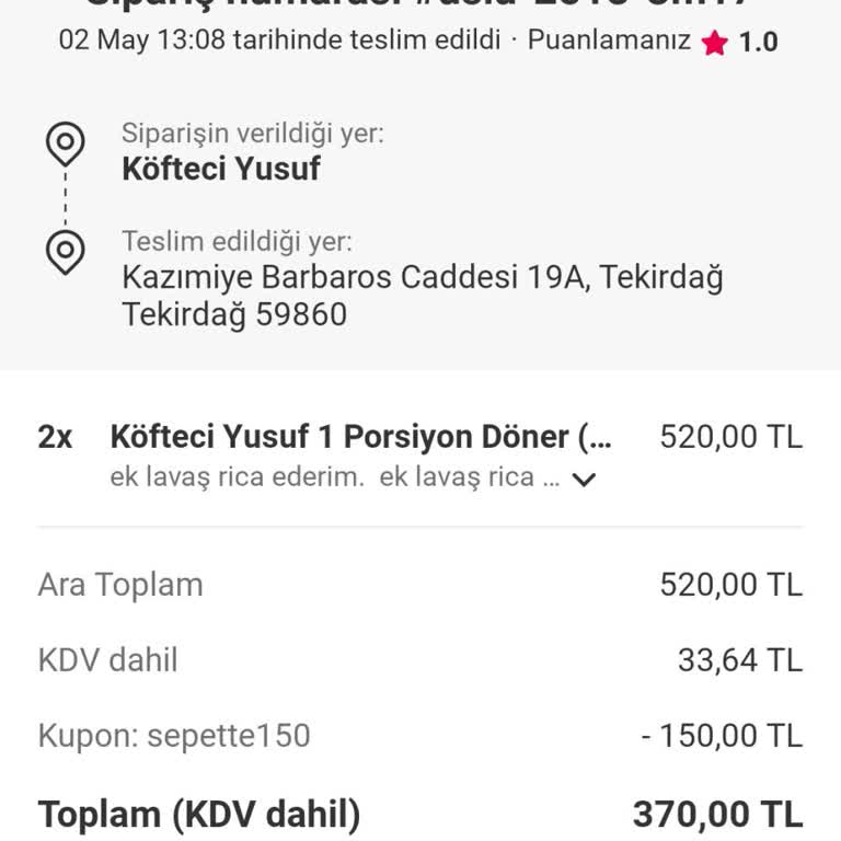 Çorlu Şubesinde Döner Kalın Ve Pişmemiş Geliyor Ustada Değişiklik Mi Var