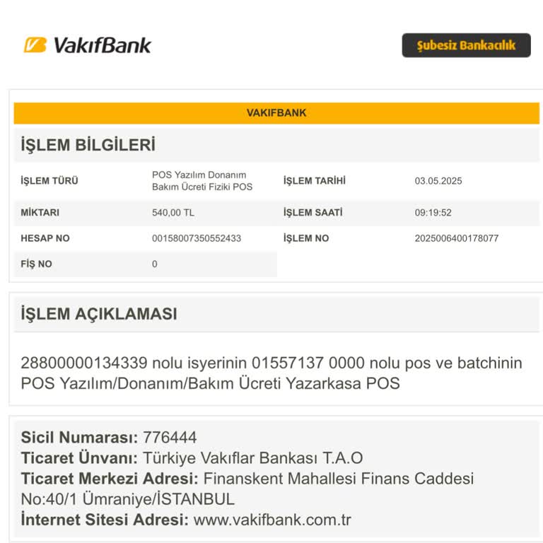 VakıfBank Bana Ait Pos Cihazından Haksız Bakım Ücreti Kesti
