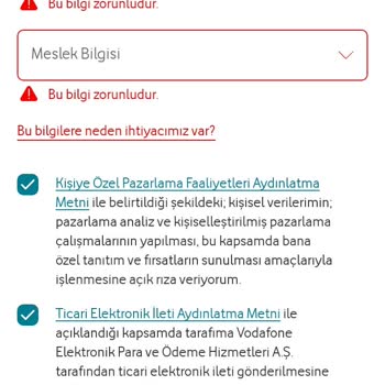 Vodafone Pay Üyelikte Meslek Bilgisi Engeliyle Karşılaşıyorum