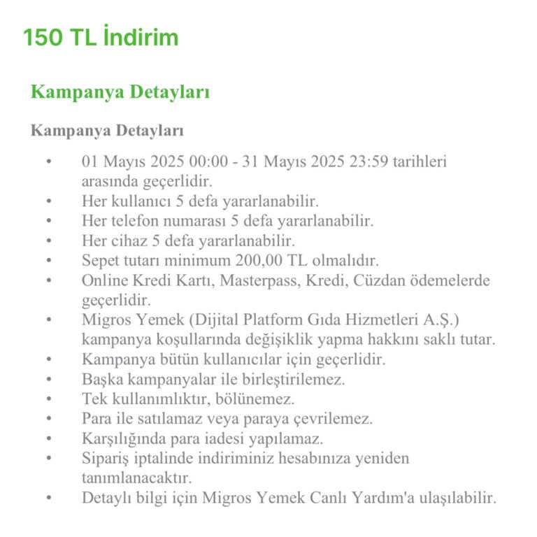 Migros Yemek 150 TL Hediye Çeki Kodunun Kullanılamaması Ve Çözüm Bulunamaması