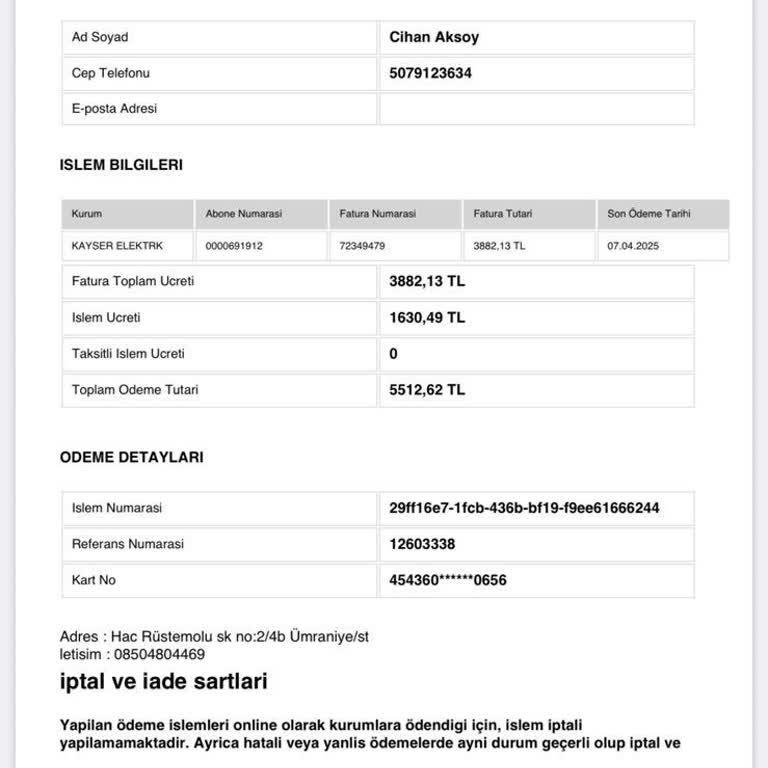 Elektrik Faturası Ödemesinde Yüksek İşlem Ücreti İadesi Talebim