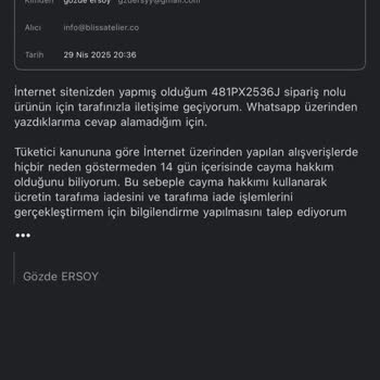 Bliss Atelierden Faturasız Ve Hatalı Ürün Sonrası Muhatap Bulamıyorum