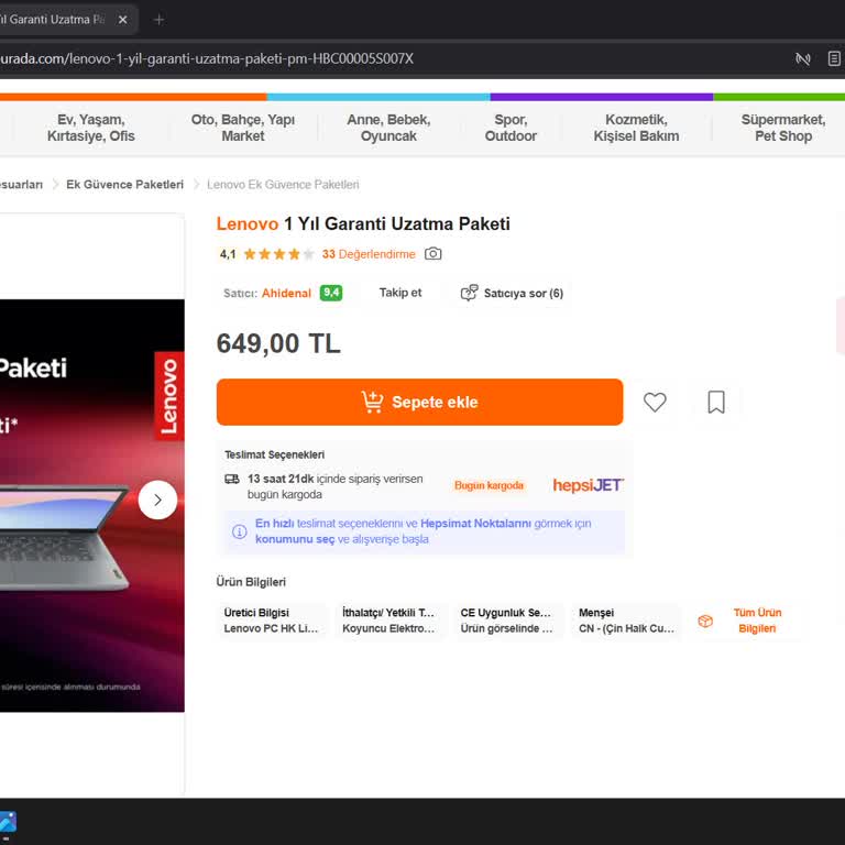 Lenovo Garanti Uzatma Hizmeti Eksikliği Nedeniyle Mağduriyet Yaşadım