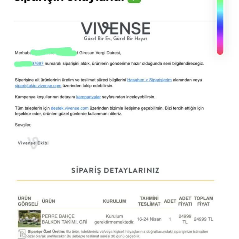 Vivense'den Sipariş Edilen Balkon Takımı Teslim Edilmiyor, Bilgi Verilmiyor!