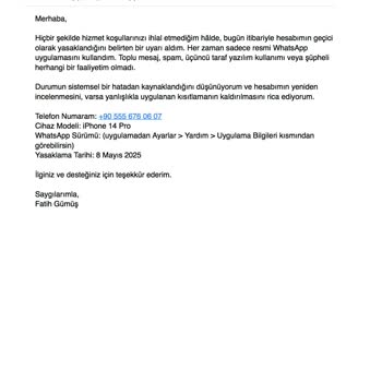 Haksız WhatsApp Hesap Engellemesi Nedeniyle Mağduriyet