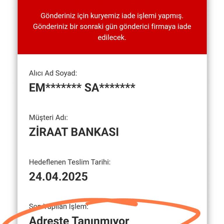 AGT Kurye Teslimatında Bilgi Verilmeden Gönderimin Bankaya İade Edilmesi