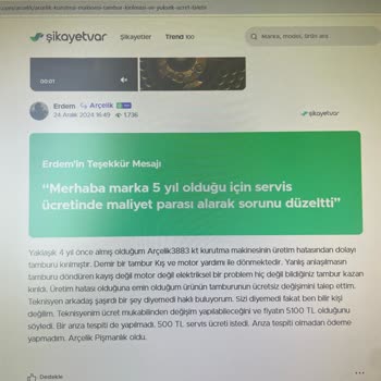 Arçelik Kurutma Makinesi Tambur Kırılması Ve Servis Desteği Sorunu