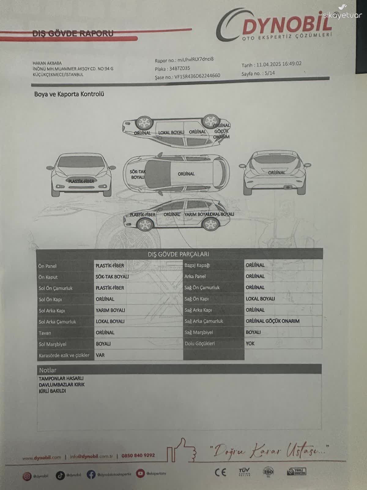 Dynobil Oto Ekspertiz Ekspertiz Raporunda Tutarsızlık Ve Yanlış