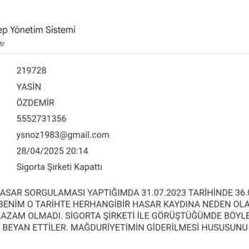 Hasar Kaydı Olmamasına Rağmen 36000 TL Hasar Kaydı Görünüyor