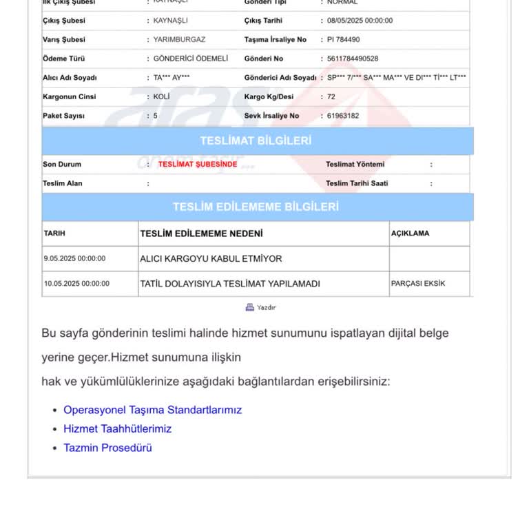 Ağır Kargom Teslim Edilmedi, Aranmadığım Halde Alıcı Kabul Etmiyor Denmiş