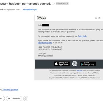 16 Yıllık Imvu Hesabım Haksız ve Gerekçesiz Şekilde Kalıcı Olarak Banlandı