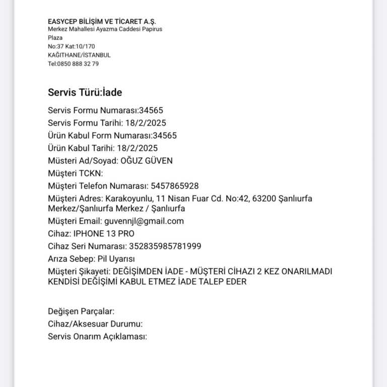 EasyCep'ten Aldığım Telefonun Arızaları Ve İade Sürecindeki Gecikmeler Nedeniyle Mağduriyet Yaşıyorum