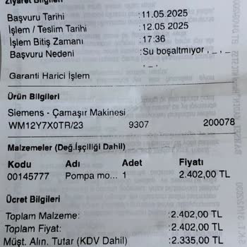 Siemens Çamaşır Makinesi Pompa Arızası Ve Yüksek Servis Ücreti
