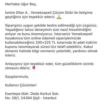 İade Edilen Yemek Ücretimin Ödenmemesi Ve İletişim Sorunu