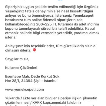 İade Edilen Yemek Ücretimin Ödenmemesi Ve İletişim Sorunu