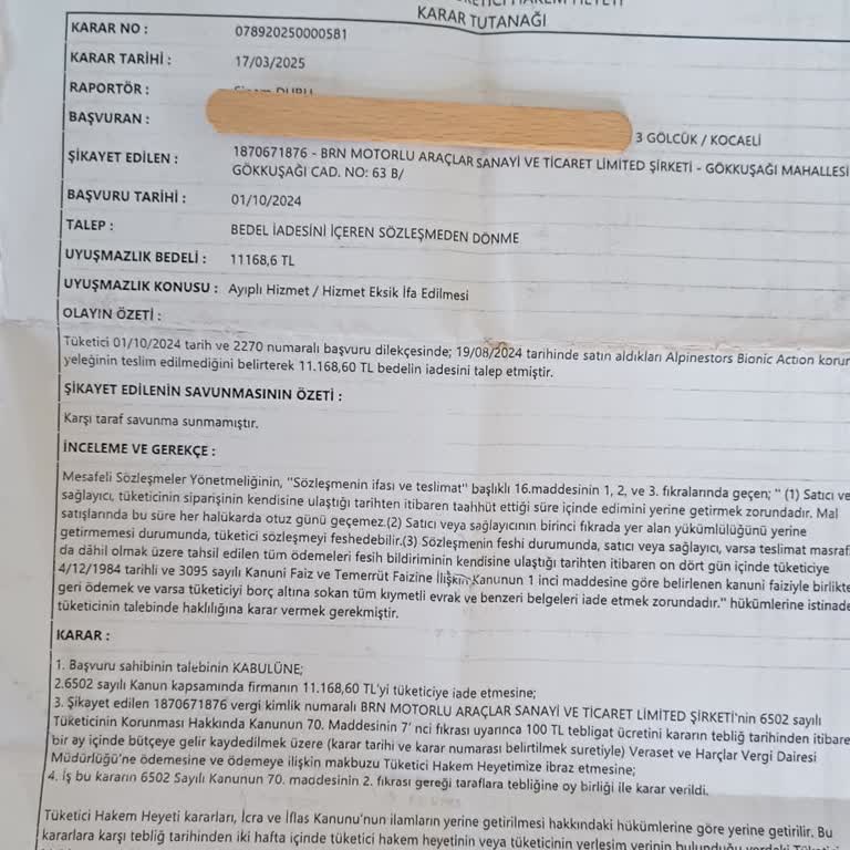 BRN Motor'dan Alınan Ürünün İadesi Yapılmadı, Paramı Alamıyorum